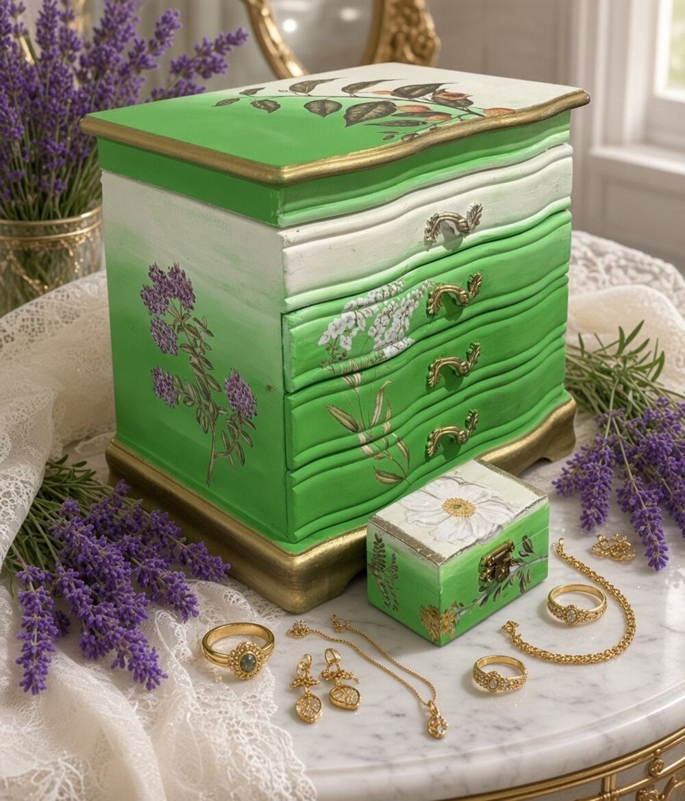 Upcycled Solid Wood Chest Jewelry Box with Bonus Trinket Box